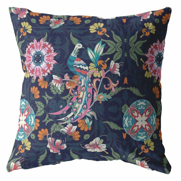 Homeroots 18 in. Navy & Pink Peacock Indoor & Outdoor Zippered Throw Pillow Indigo 412690